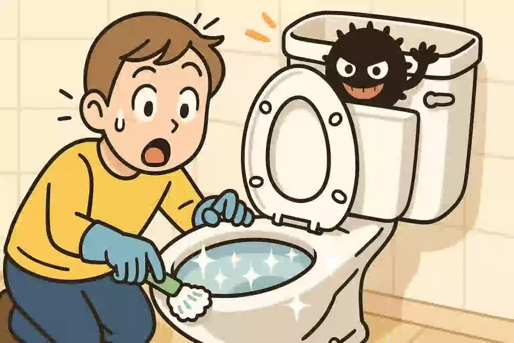 トイレの便器を掃除する人の後ろで、トイレタンクの中から黒カビのキャラクターがこっそり顔を出し、黒ずみの本当の原因がタンクの中にあることを示唆しているイラスト。