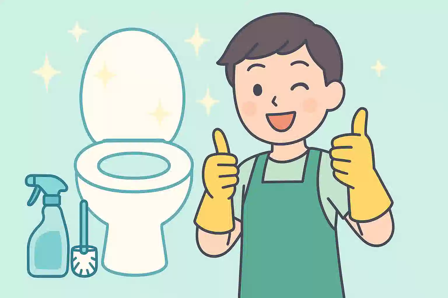 掃除道具を横に置き、ピカピカに輝くトイレの前でゴム手袋をした人物がウインクしながら親指を立てている、清潔感あふれるイラスト。