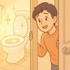 トイレのドアから、ピカピカに輝くトイレを覗き込み、希望に満ちた表情を浮かべる人物。トイレ掃除の心理的ハックというテーマを象徴するイラスト。