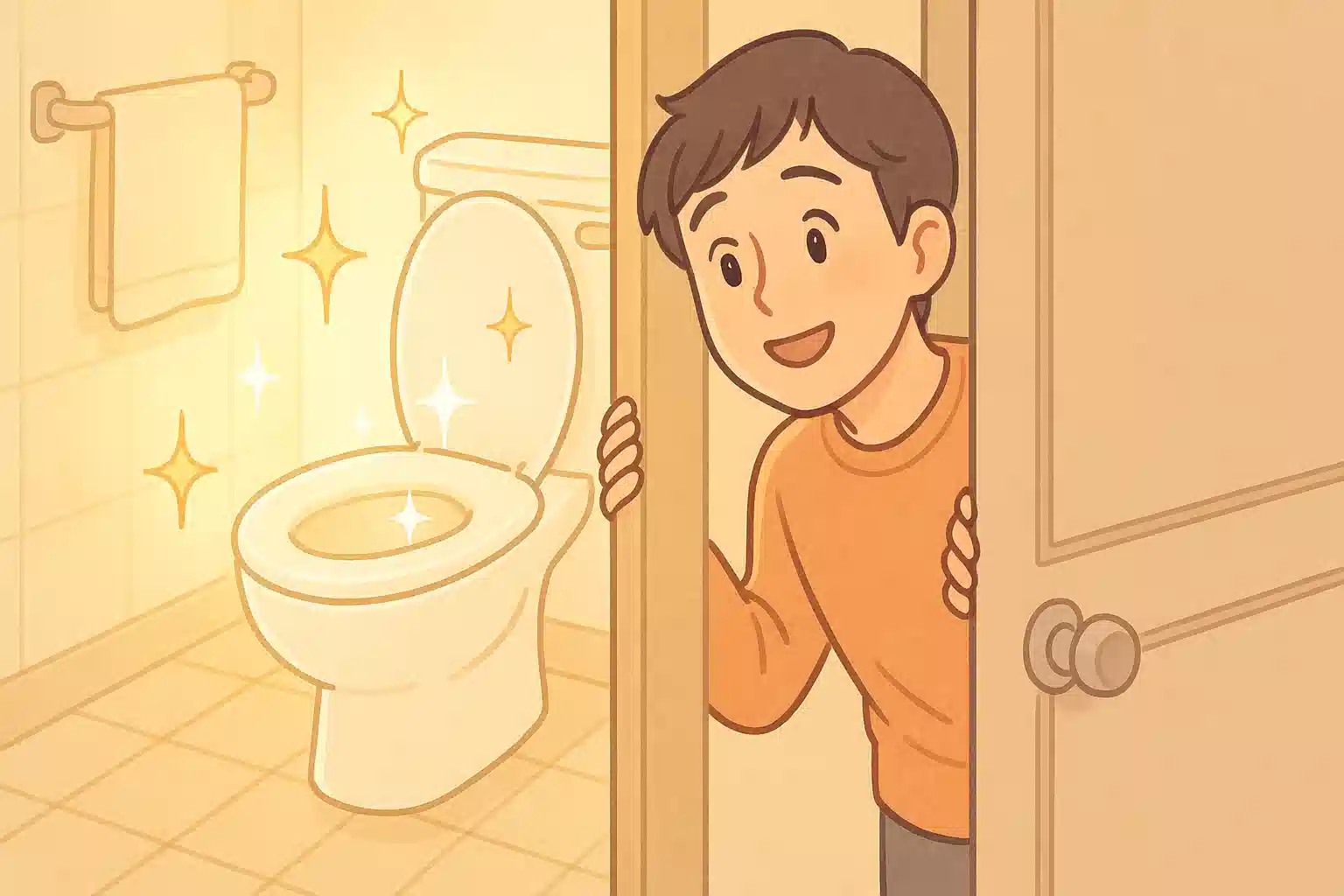 トイレのドアから、ピカピカに輝くトイレを覗き込み、希望に満ちた表情を浮かべる人物。トイレ掃除の心理的ハックというテーマを象徴するイラスト。