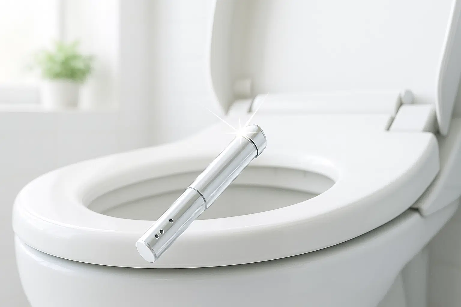 清潔で明るいトイレで、きれいに掃除されて輝いているウォシュレットのノズル。衛生的なイメージを表現している。