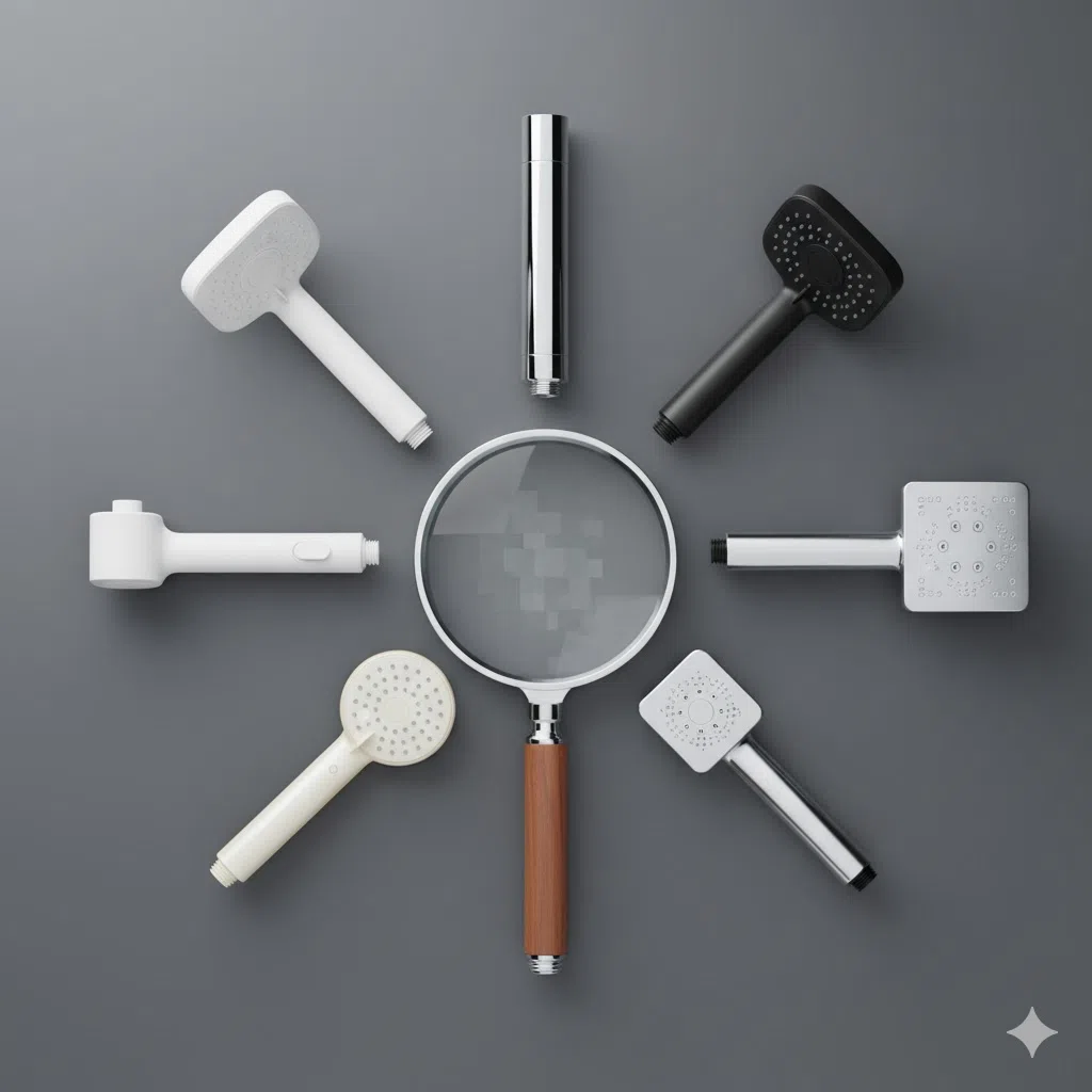  5つの人気マイクロバブルシャワーヘッドを円形に並べ、中央に置かれた虫眼鏡で詳細にレビューしていることを示す画像。