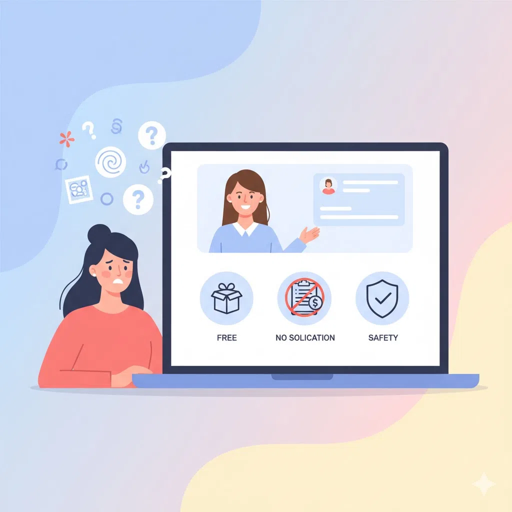 美容モニターの無料説明会で「勧誘なし」「安全」と知り、不安な表情から安心した笑顔に変わる女性のイラスト。