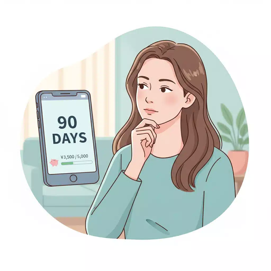 美トリのデメリットである「謝礼振込の遅さ」と「最低換金額の高さ」を、カレンダーと貯金箱を見て待っている女性で表現したイラスト。