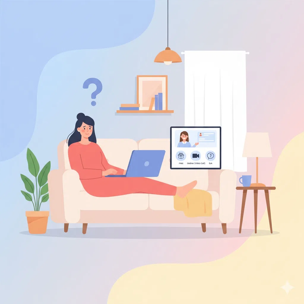 美トリの無料説明会に、自宅からオンラインでリラックスして参加している女性のイラスト。「無料」や「Q&A」といったメリットが示されている。