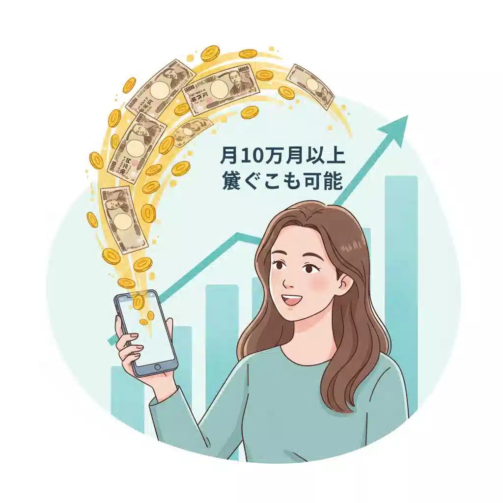 美トリで月10万円以上稼ぐことも可能な高額謝礼案件を、スマートフォンからお金が溢れ出す様子で表現したイラスト。