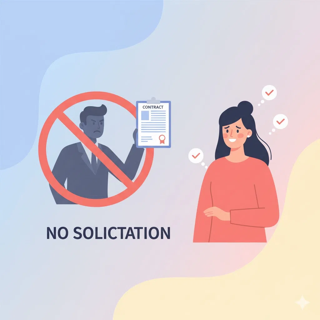 美容モニターの勧誘がないことを示すイラスト。強引なセールスのイメージに大きな禁止マークが描かれ、女性が安心している。