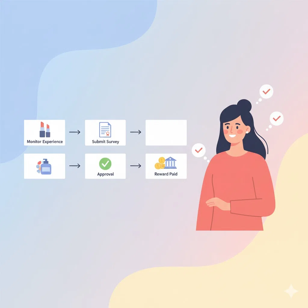 美容モニターの謝礼が支払われるまでの流れ（体験→承認→振込）が明確なフローチャートで示され、それを見て納得する女性のイラスト。