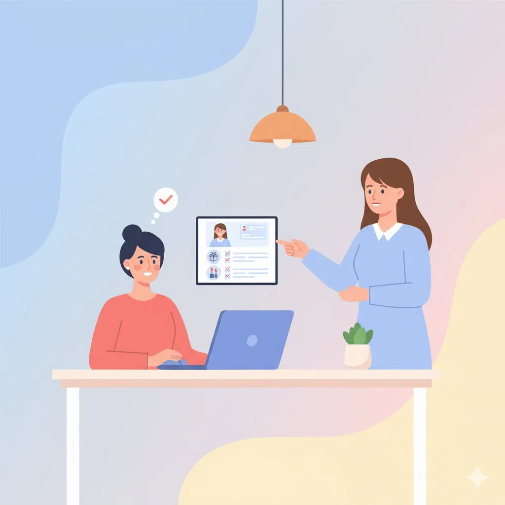 美トリの説明会で、スタッフのサポートを受けながら、その場でモニター案件の申し込み操作を体験している女性のイラスト。