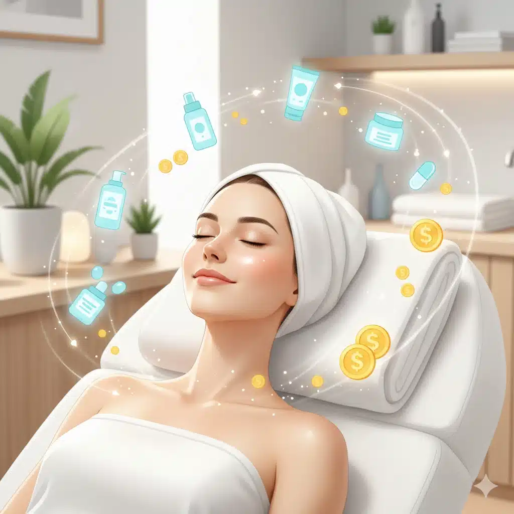 美トリのメリットを象徴する、高級エステでリラックスしながら美容と謝礼の恩恵を受ける女性のイラスト。