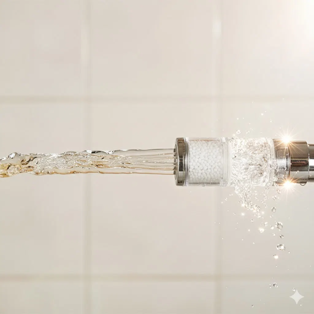 シャワーヘッドのフィルターを通過することで、水道水が透明で純粋な水に変わっていく様子を表現した画像。