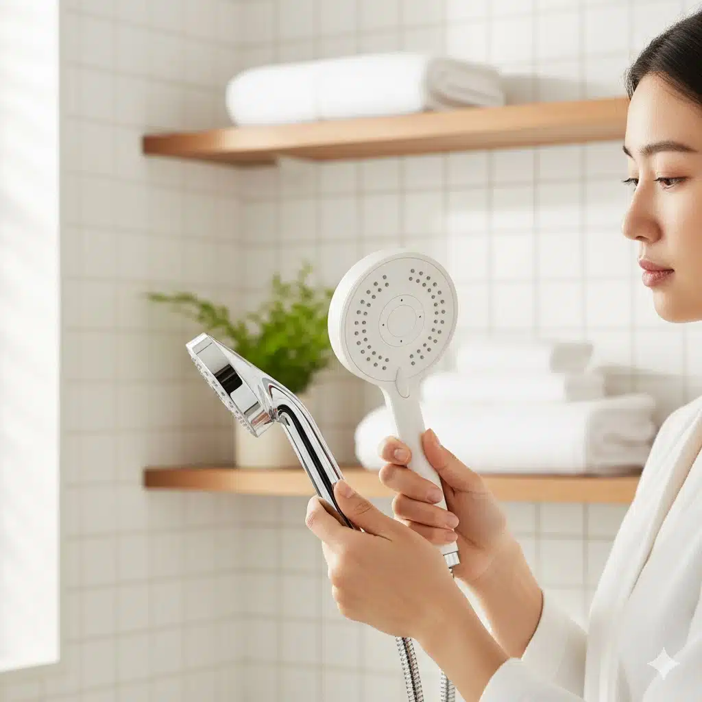 明るいバスルームで、2つのシャワーヘッドを手に持ち、比較検討している女性の手元。