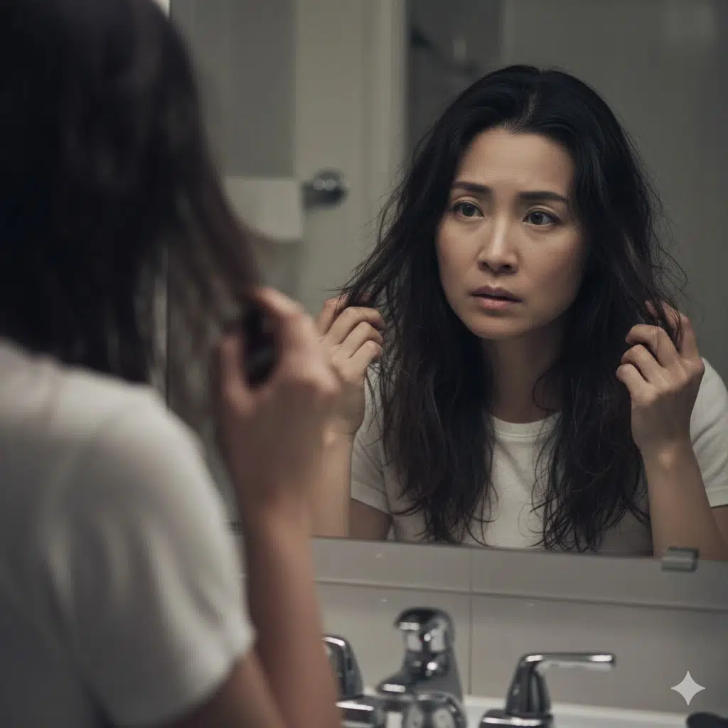 鏡の前で、パサついた髪の毛を触りながら悩んでいる女性。水道水が髪に与えるダメージを暗示している。