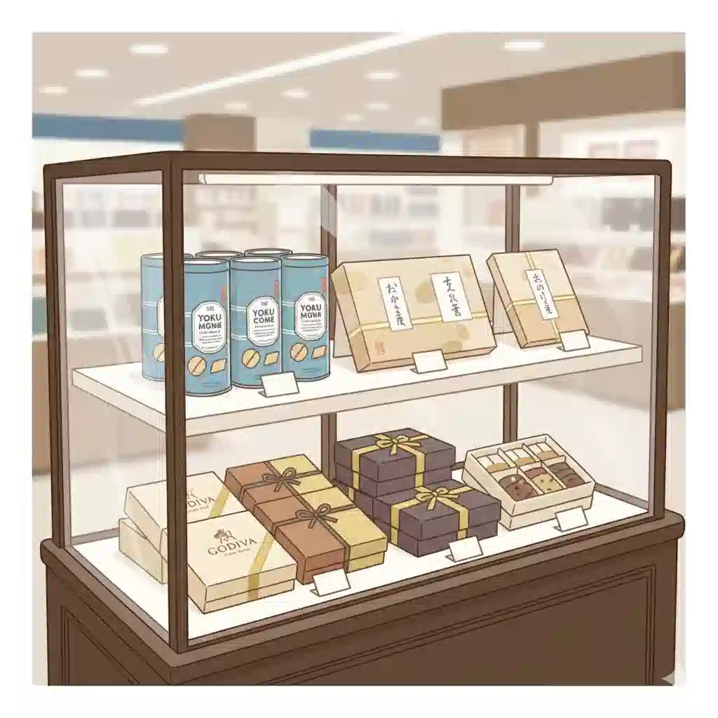デパ地下で人気の洋菓子、和菓子、チョコレートなどの高級ギフトがショーケースに並んでいるイラスト。