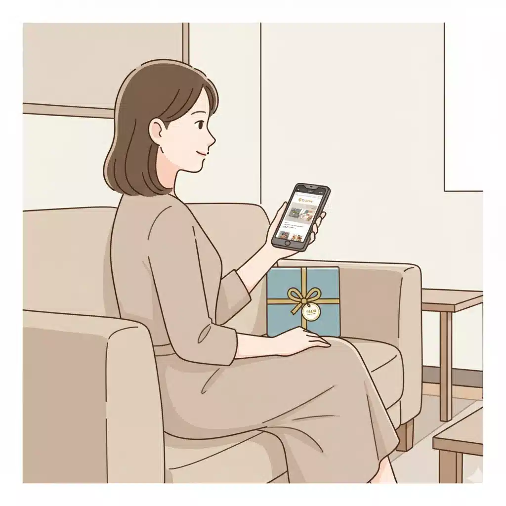 ソファでくつろぎながらスマートフォンを操作し、百貨店のオンラインストアでギフトを選ぶ様子のイラスト。