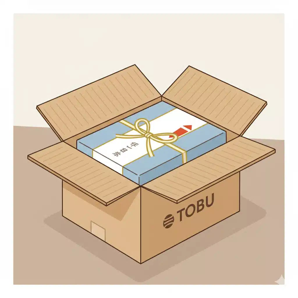 百貨店から届いた、丁寧な梱包（化粧箱と熨斗）が施されたギフトの配送箱のイラスト。