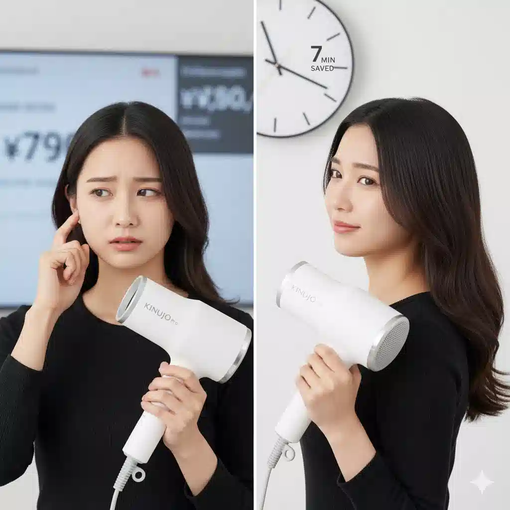 価格や音に少し悩む女性と、時短と美髪効果に満足する女性を対比させ、KINUJO Proのデメリットを上回るメリットを示している。