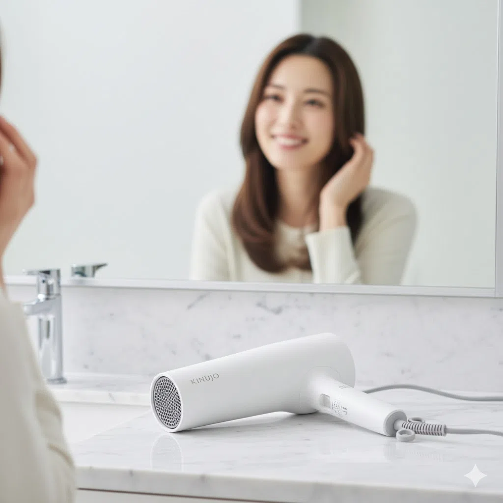 KINUJO Proドライヤーが置かれた清潔な洗面所と、髪を乾かし終えてリラックスする女性。ドライヤーによる時短革命を象徴している。