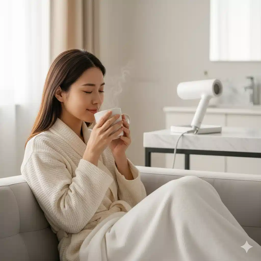 ドライヤーで生まれた時間（心の余裕）を象徴するように、ソファでリラックスしてコーヒーを飲む女性。これは3万円の「時間を買う投資」の価値を示している。