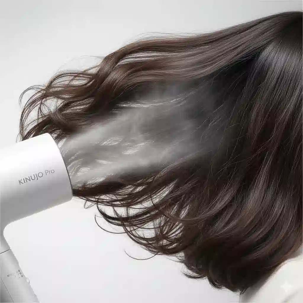 KINUJO Proドライヤーの圧倒的な大風量によって、多毛の髪が瞬時に乾き、美しくなびいている様子。