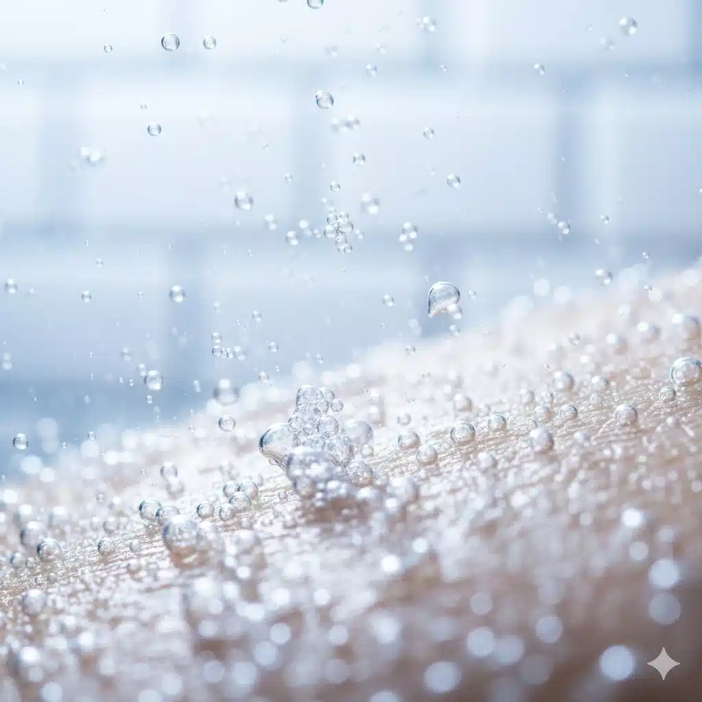 マイクロナノバブルの超微細な泡が、肌の毛穴を洗浄している様子のクローズアップ画像。