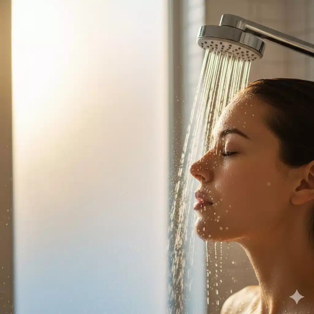 柔らかな光が差し込むバスルームで、女性がマイクロバブルシャワーを浴びてリラックスしている様子のアイキャッチ画像。