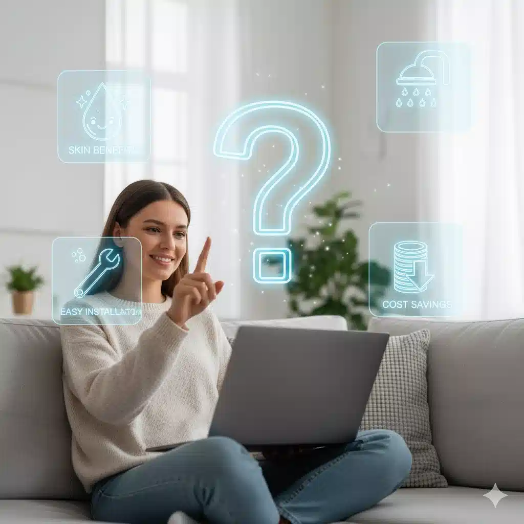 ノートパソコンを見ながら、マイクロバブルシャワーヘッドに関する疑問（美肌効果、取り付け、節水など）が解消され、納得している人のイメージ画像。