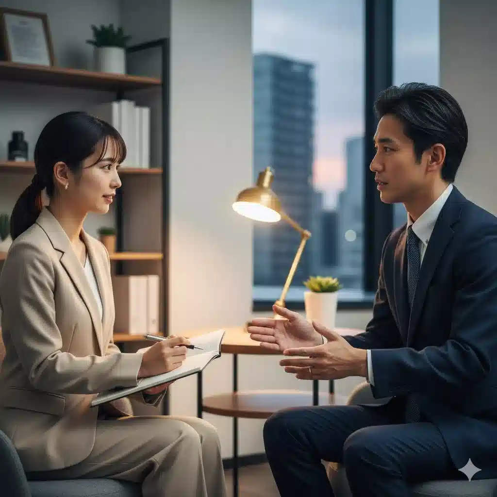 プログリットの無料カウンセリングで、プロフェッショナルなコンサルタントが受講希望者の英語の悩みを真剣にヒアリングしている様子。