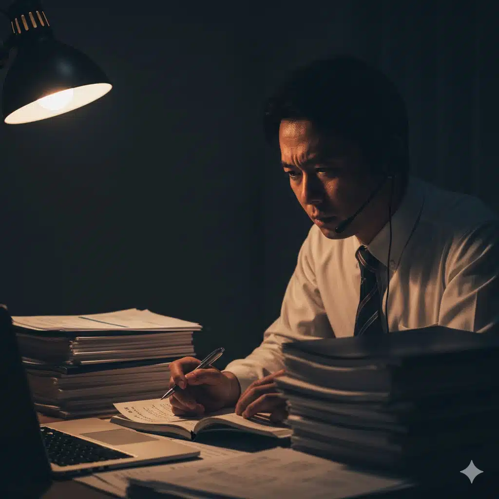 深夜、デスクライトの下でヘッドセットをつけ、大量のノートを前にシャドーイングに没頭する男性。プログリットの学習の「ハードさ」を表現している。