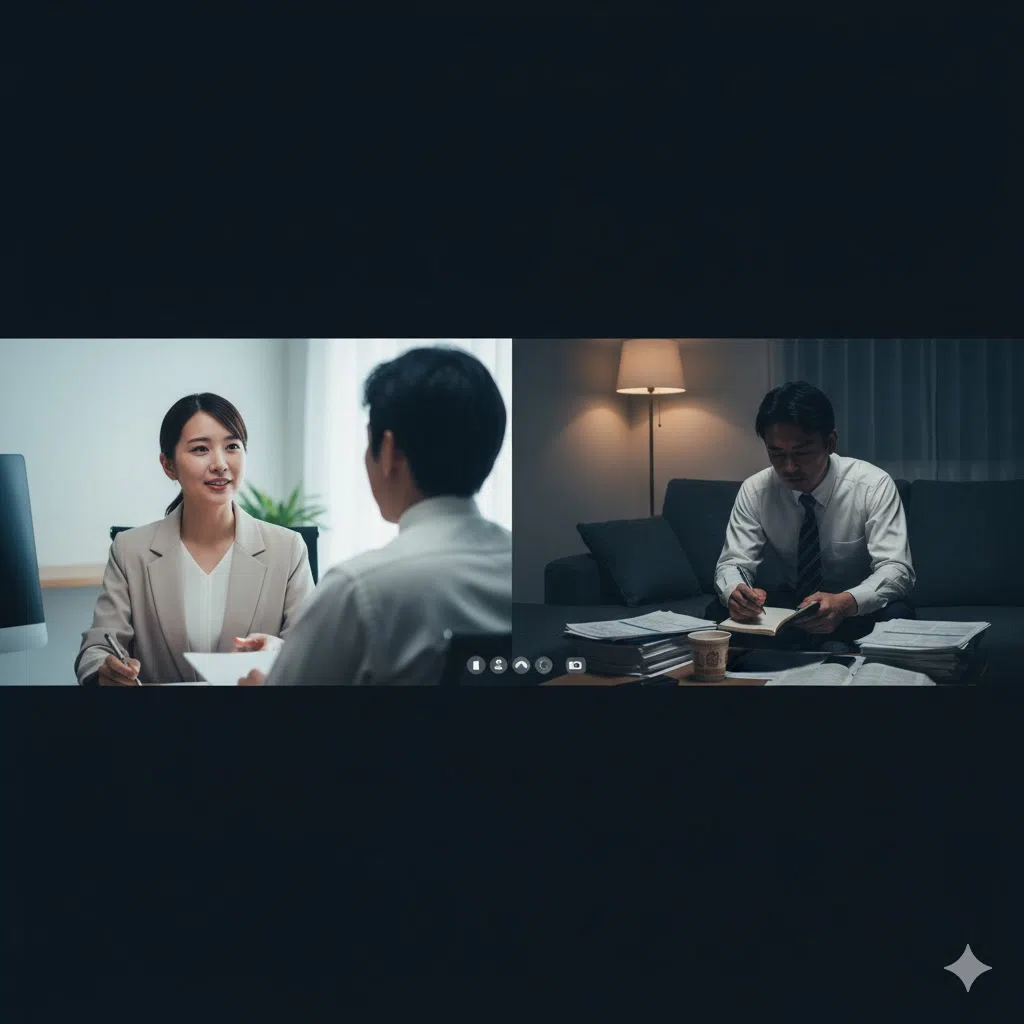 オンラインで専属コンサルタントから熱心な指導を受け、真剣な表情で頷く男性受講者。プログリットの徹底した伴走サポートを示している。