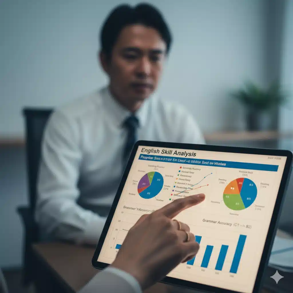 タブレットに表示された英語力の弱点を示す分析グラフを、コンサルタントが指差している。受講者の課題を特定し、専用カリキュラムを作成する様子。