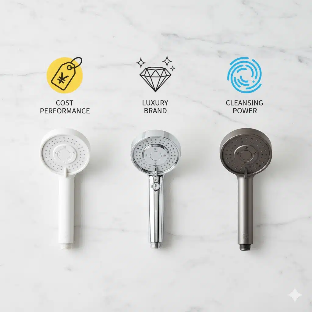 「コスパ」「高級感」「洗浄力」という3つの目的別に、3種類のシャワーヘッドが並べられている画像。