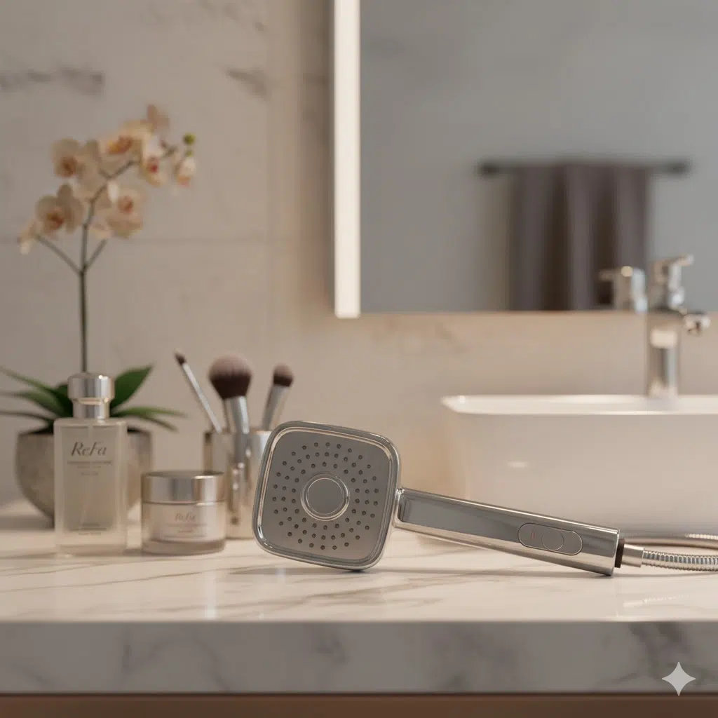 高級な化粧台の上に、ジュエリーのように置かれたReFa FINE BUBBLE S。所有欲を満たす逸品であることを表現している。