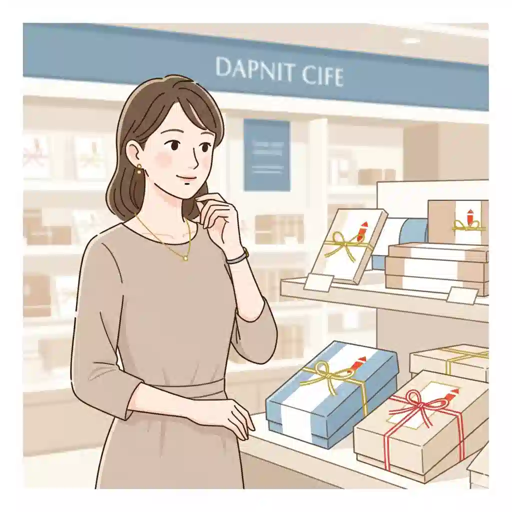 お中元・お歳暮のギフト選びについて考える、品の良い女性と美しいギフトボックスを描いたイラスト。