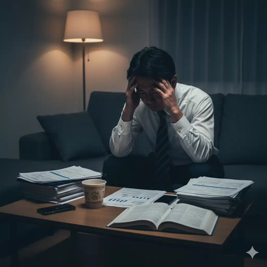仕事で疲れ果て、夜の自宅リビングで英語のテキストを前に頭を抱えるビジネスパーソン。独学の挫折と忙しさを象徴している。