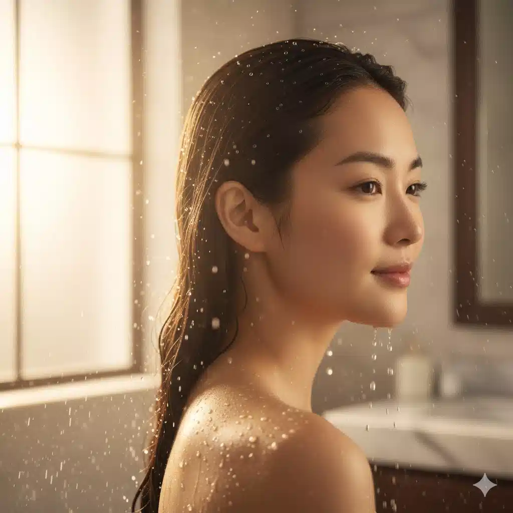 気持ちよさそうにシャワーを浴びる女性。シャワーヘッドを変えることで得られる、最高のバスタイムを表現している。