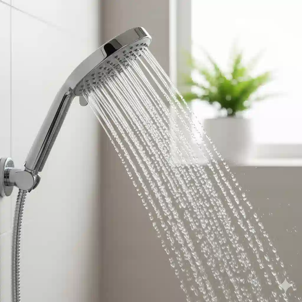 節水機能付きでも勢いのある、心地よい水流を出すモダンなシャワーヘッド。