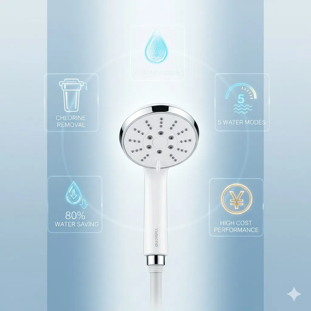 Yimonoシャワーヘッドの周りに、「塩素除去」「5段階モード」「節水」「高コスパ」といった多機能性を示すアイコンが浮かんでいる画像。
