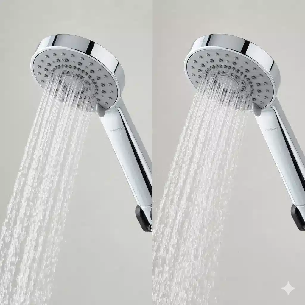  Yimonoシャワーヘッドの5段階モードを表現する画像。左側にパワフルなジェット水流、右側にきめ細かいミスト水流が写っている。