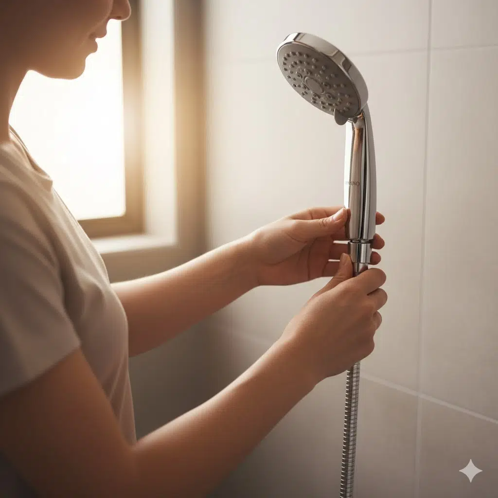 工具を使わずに、女性がたった一人で簡単にYimonoシャワーヘッドをバスルームのホースに取り付けている様子。