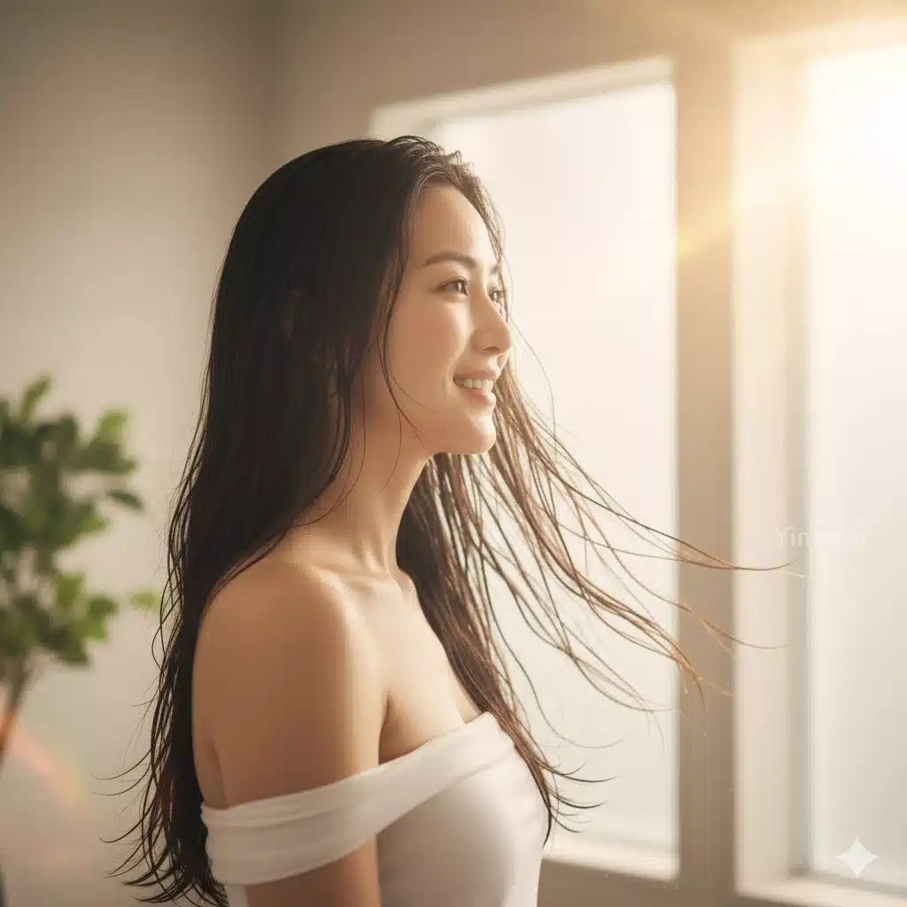 Yimonoシャワーヘッドを使い始めて、サラサラで健康的になった髪が風に優しくなびき、自信に満ちた表情を浮かべる女性。