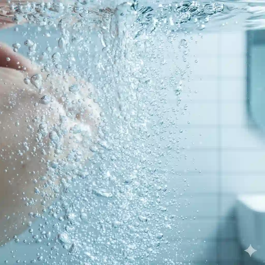 Yimonoシャワーヘッドのマイクロバブルが、肌の毛穴の奥の汚れを浮かせる様子をイメージした、無数の微細な泡の抽象的な画像。