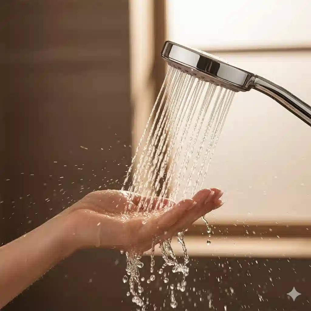  モダンなシャワーヘッドから流れる心地よい水流を、女性が手で優しく受け止めているクローズアップ画像。