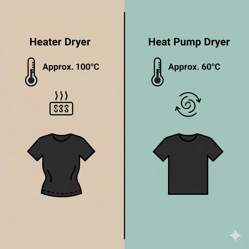 従来のヒーター乾燥と最新のヒートポンプ乾燥を比較し、ヒートポンプ式の低温で服に優しい点を説明するイラスト。