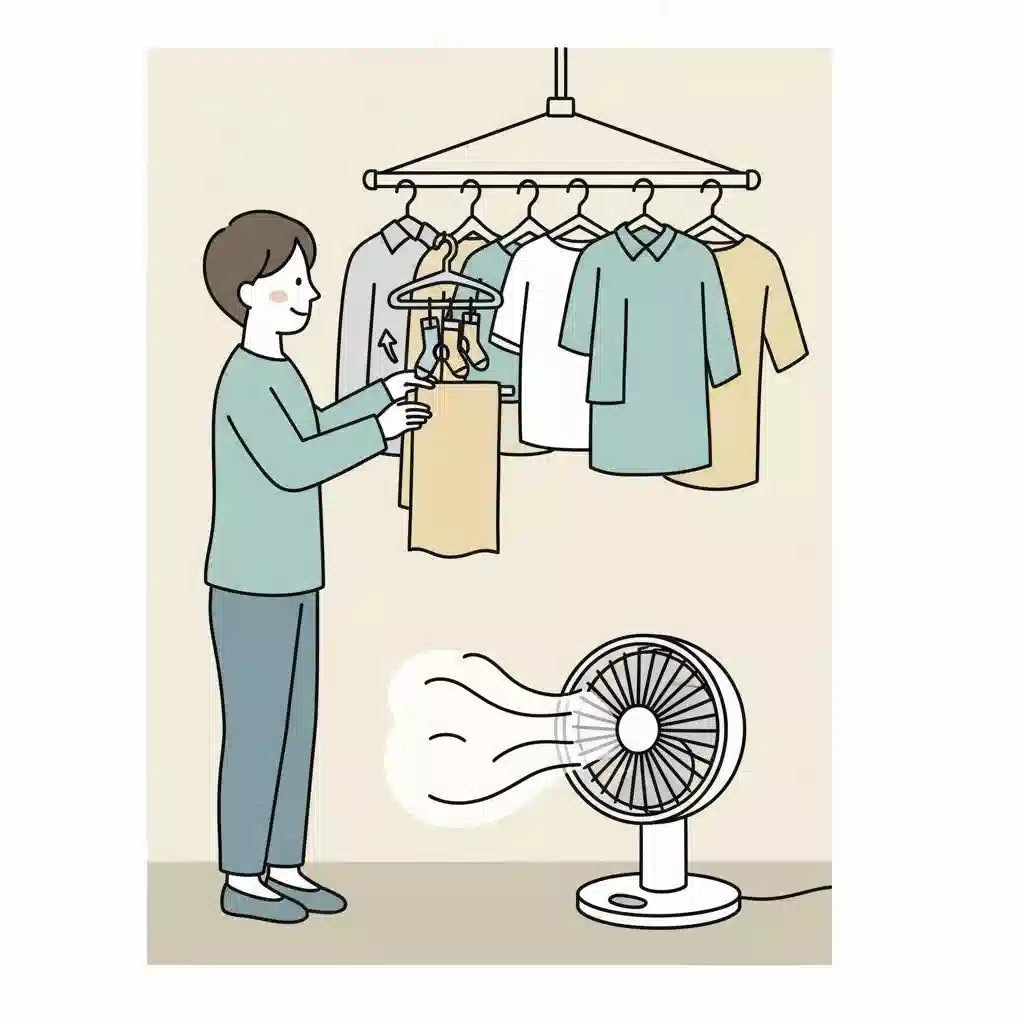 引っ張るピンチハンガーやサーキュレーターなどの便利グッズを使って、効率的に室内干しをしている様子のイラスト。