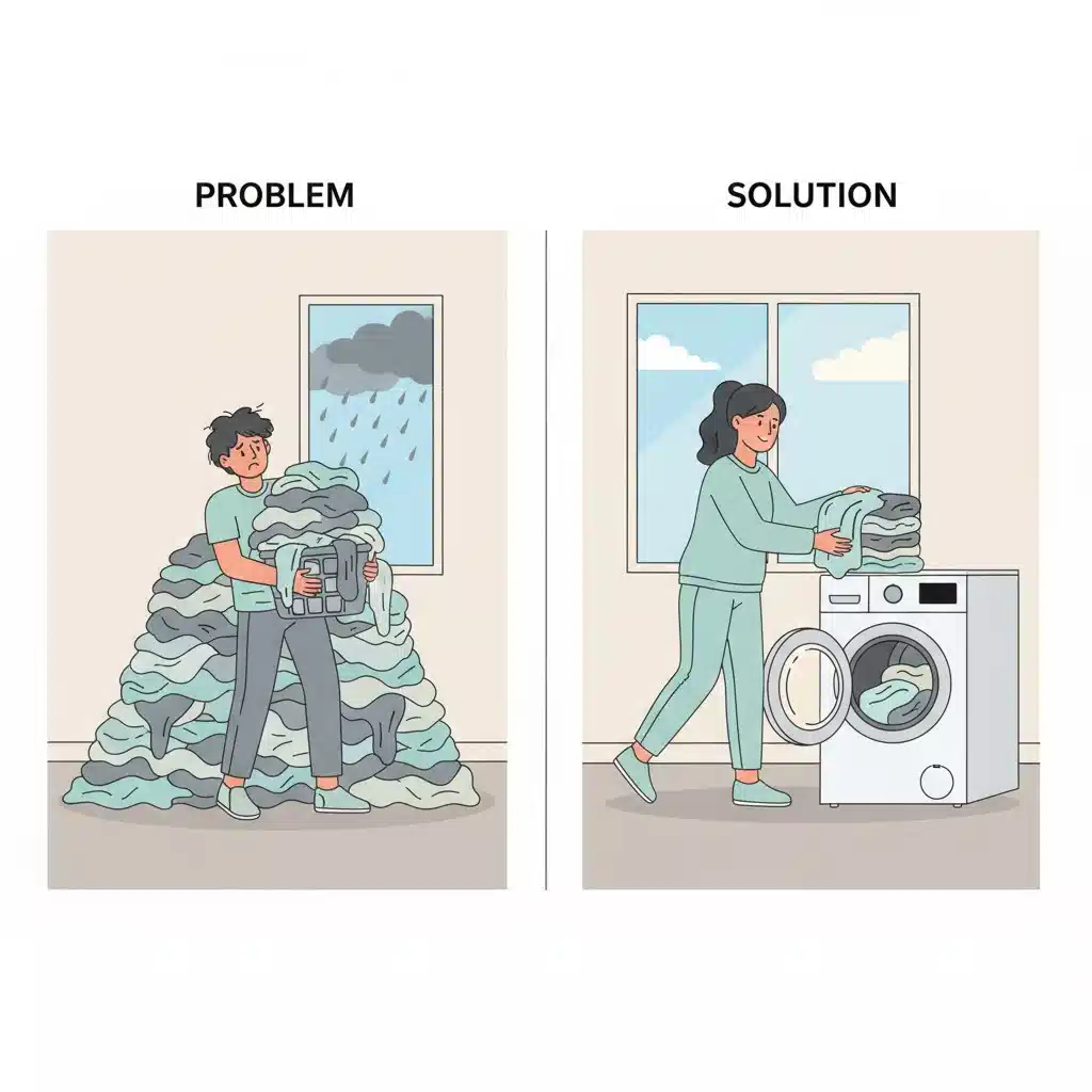 洗濯物の山にうんざりする人（悩み）と、ドラム式洗濯乾燥機で楽になった人（解決）の対比を描いたイラスト。