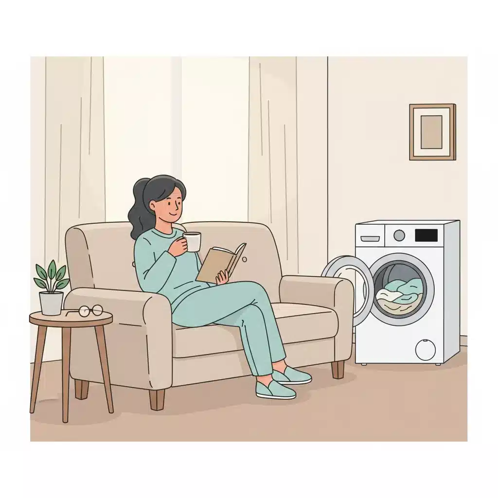 ドラム式洗濯乾燥機に洗濯を任せ、「干す作業」から解放されてソファでリラックスする人のイラスト。