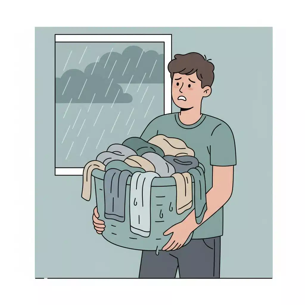 雨の日に重い洗濯カゴを持ち、洗濯物干しが面倒でうんざりしている人のイラスト。
