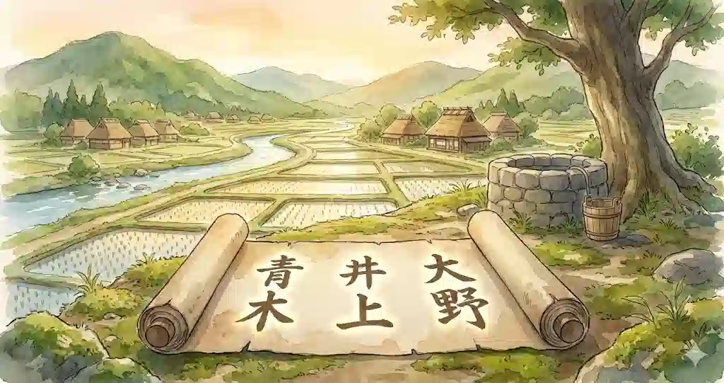 日本の里山風景と、巻物から浮かび上がる「青木」「井上」「大野」などの苗字の漢字を描いた水彩イラスト。