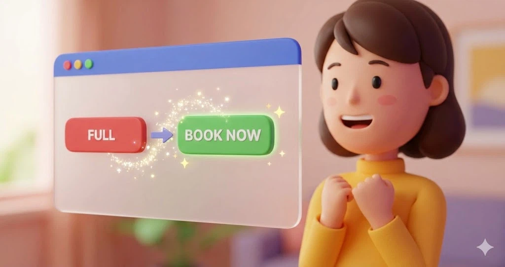 予約画面の「満室」表示が魔法のように「予約可能」に変わる瞬間。驚きと喜びの表情を浮かべるキャラクターとともに、キャンセル拾いの仕組みを視覚化したイメージ。